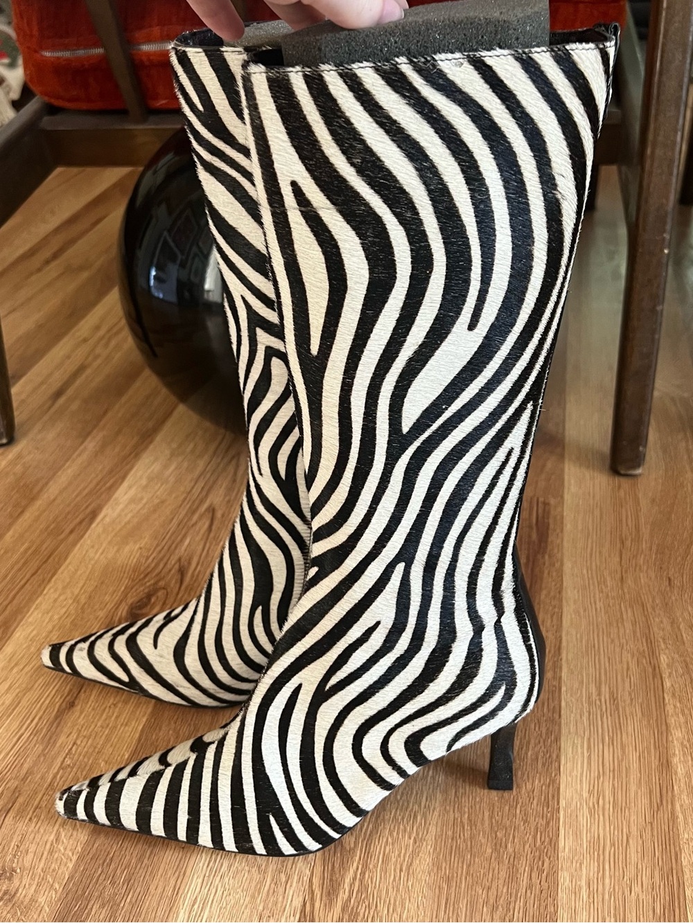 Karen Millen Black and White Zebra-leather and calf hair Pointed Toe knee boots